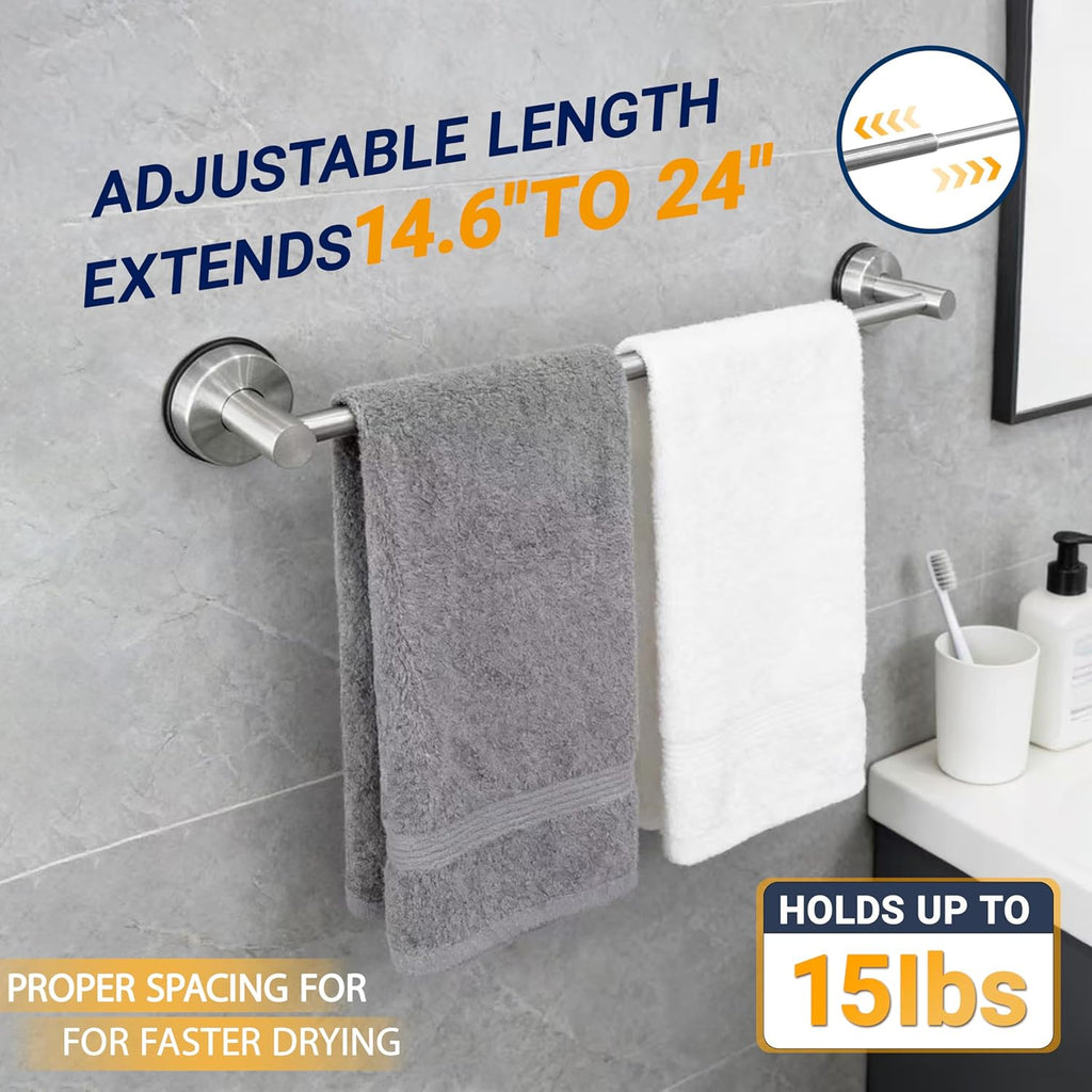 Silver Adjustable No Drill Suction Cup Stainless Steel Towel Bar