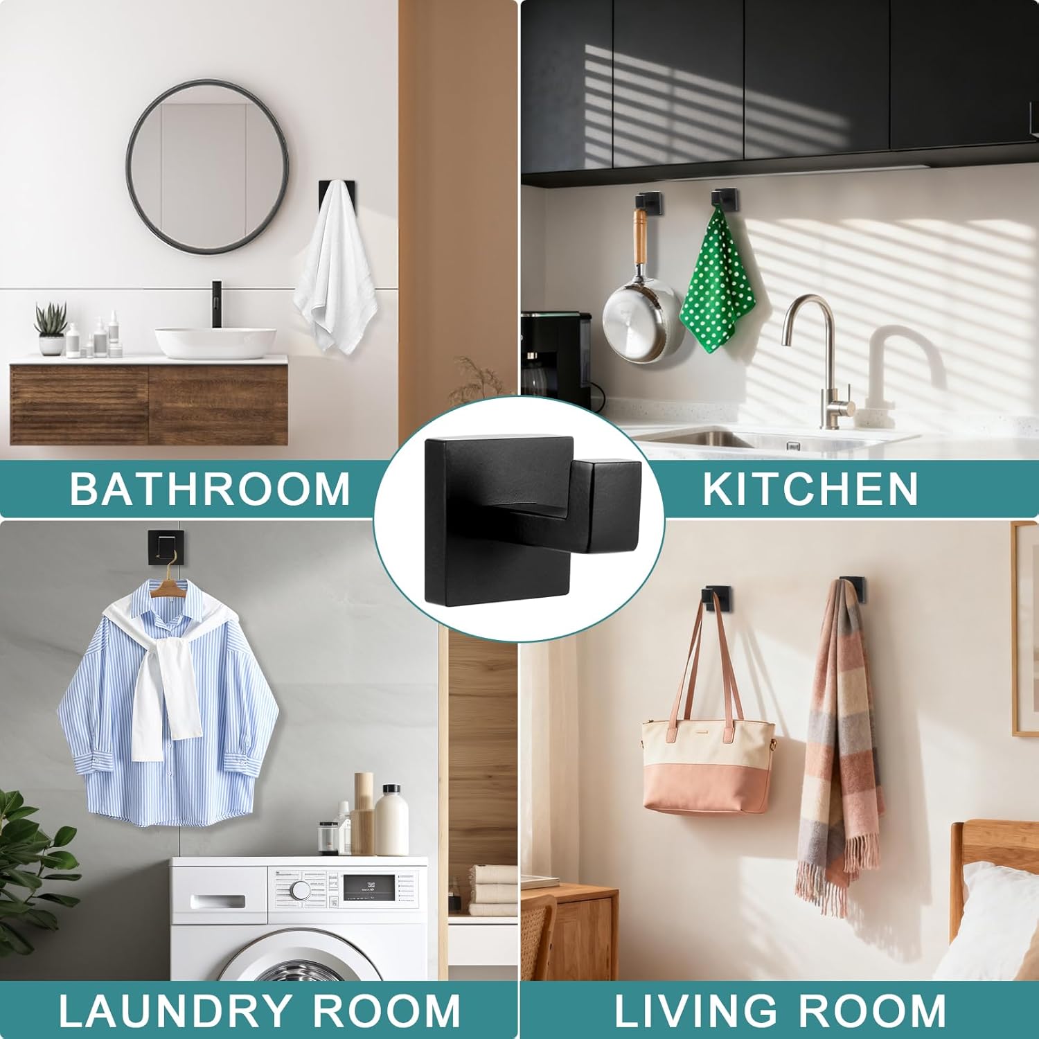 4 Pack Matte Black Square Stainless Steel Towel Hooks